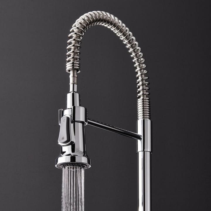 closeup of 19" Presidio Kitchen Faucet with Pull-Down Spring Spout in Chrome