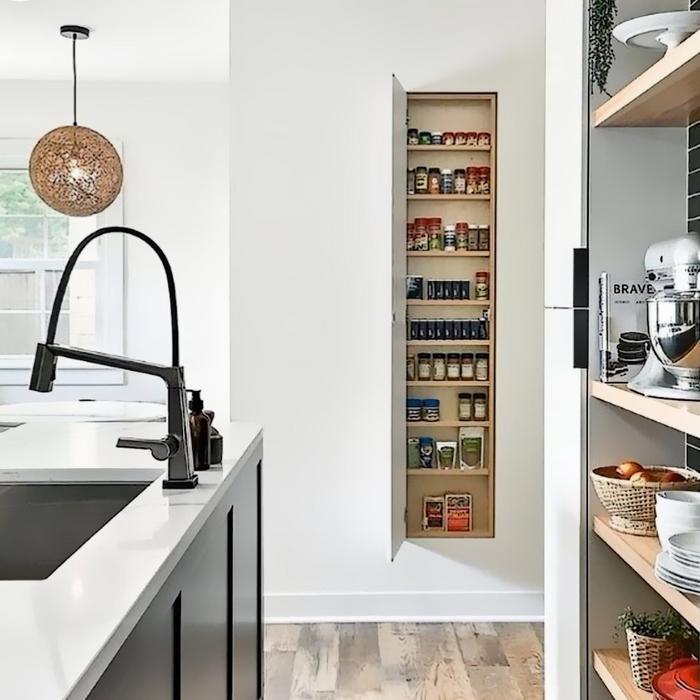 kitchen with small pantry with organizer, pull-down kitchen faucet, open shelving