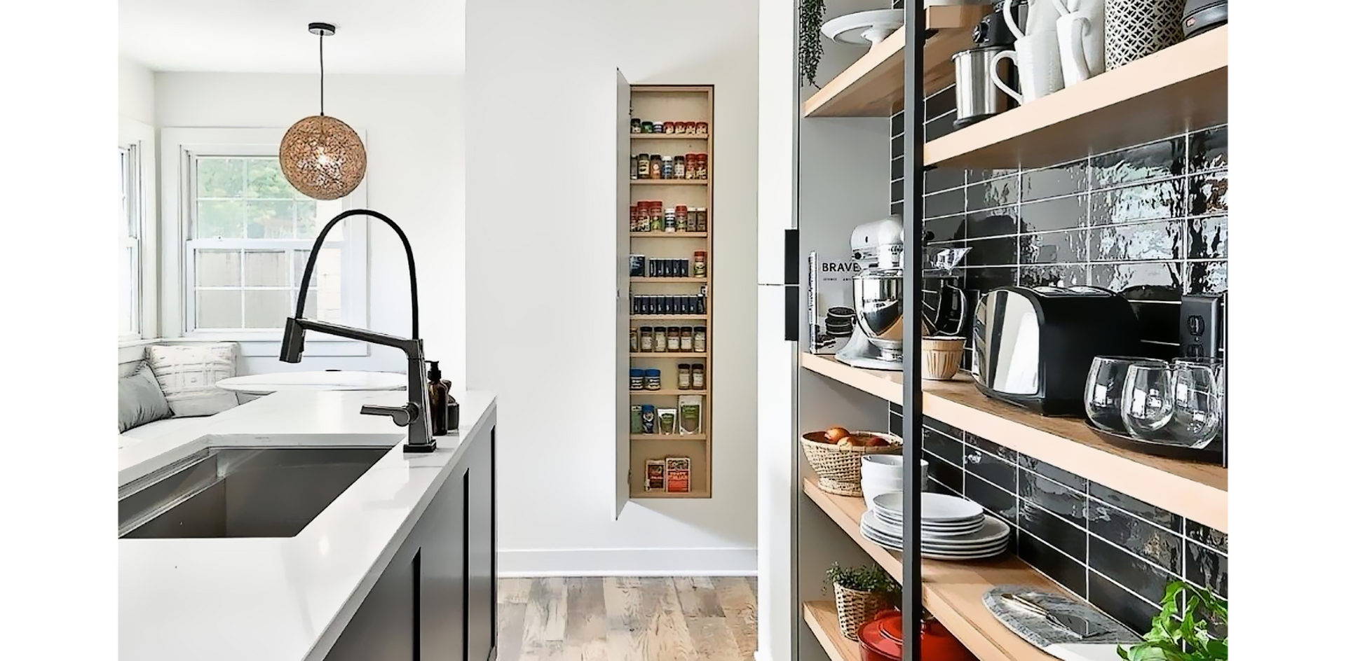 kitchen with small pantry with organizer, pull-down kitchen faucet, open shelving
