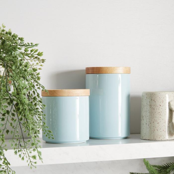blue containers for pantry storage