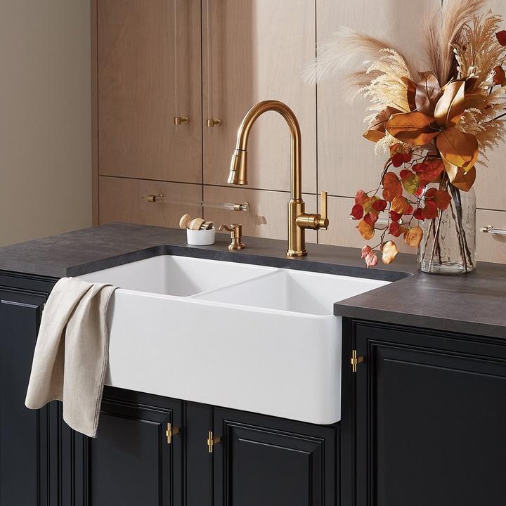 Greyfield Pull-Down Kitchen Faucet and Reinhard Double-Bowl Fireclay Farmhouse Sink