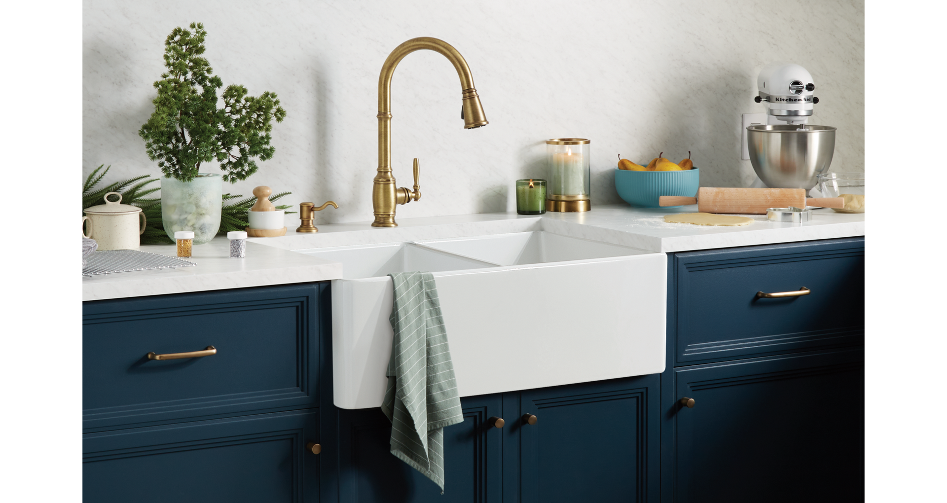 Finnian Pull-Down Kitchen Faucet - Aged Brass, 36" Torun Double-Bowl Fireclay Farmhouse Sink - White