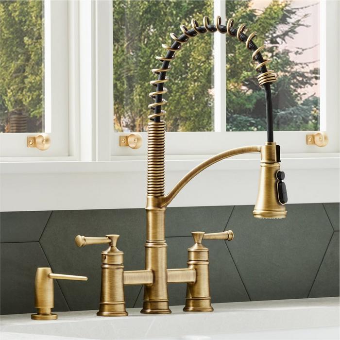Beasley Bridge Kitchen Faucet with Pull-Down Spring Spout - Aged Brass