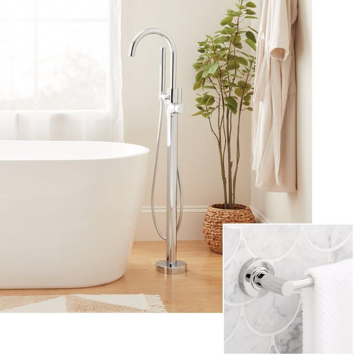 Lexia Freestanding Tub Faucet and Towel Bar in Chrome for Scandinavian design