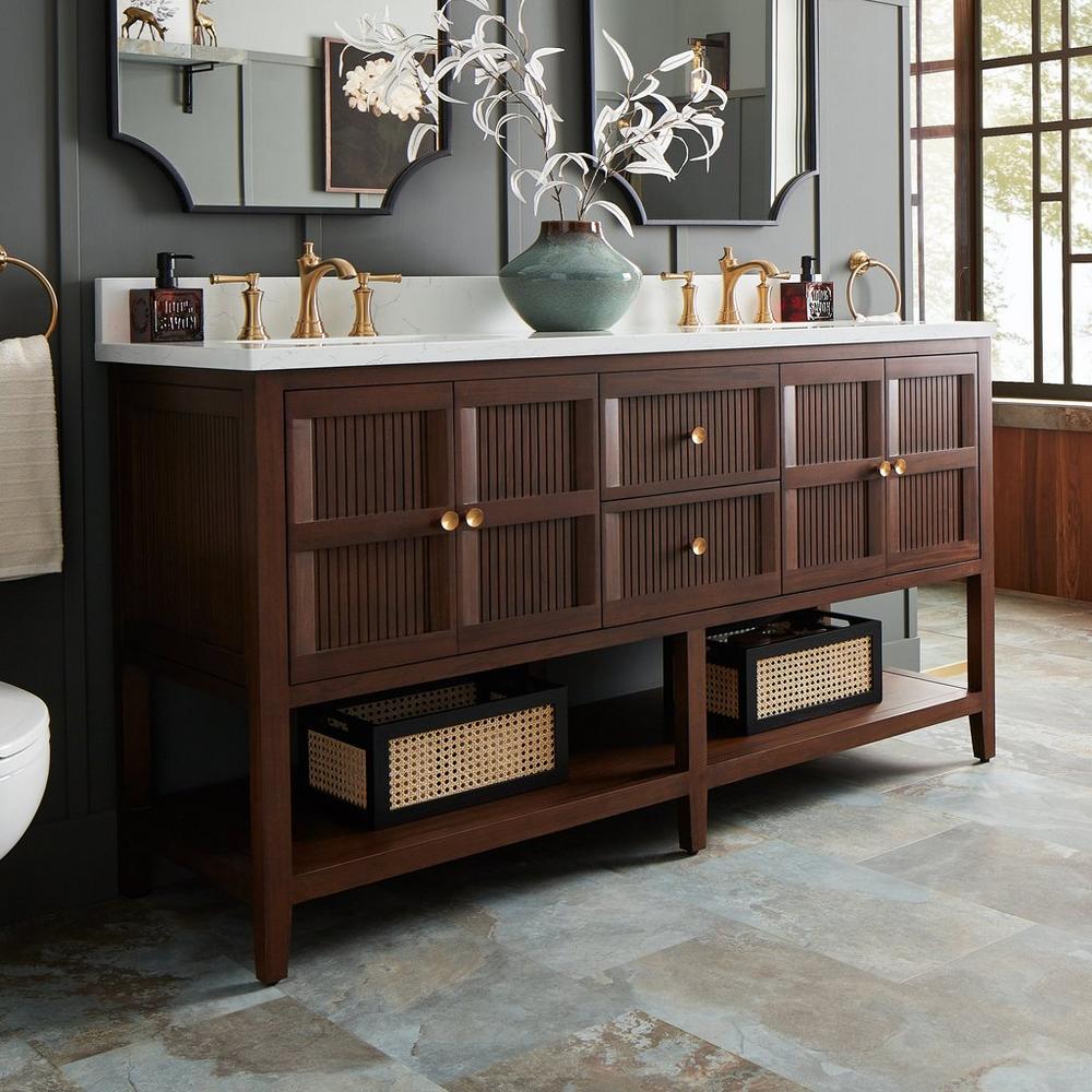 60" Nikolai Vanity with Outlets - Rect Undermount Sinks - Winterland Walnut