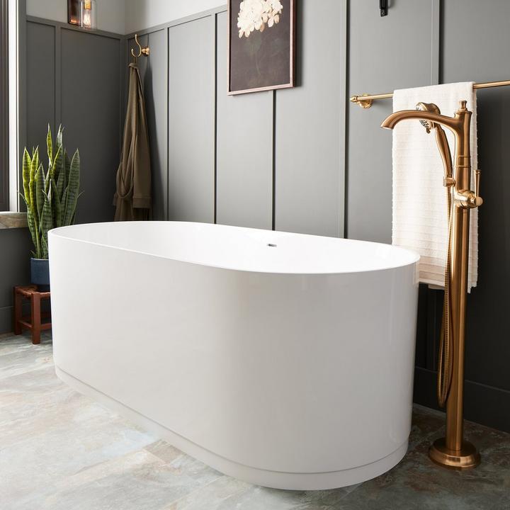 66" Lolani Solid Surface Freestanding Tub, Beasley Freestanding Tub Faucet in Brushed Gold