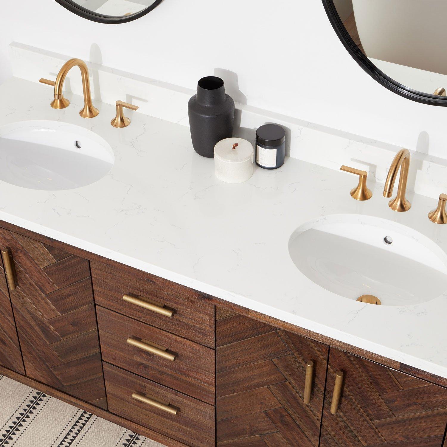 Double bowl bathroom vanity top with undermount sinks.