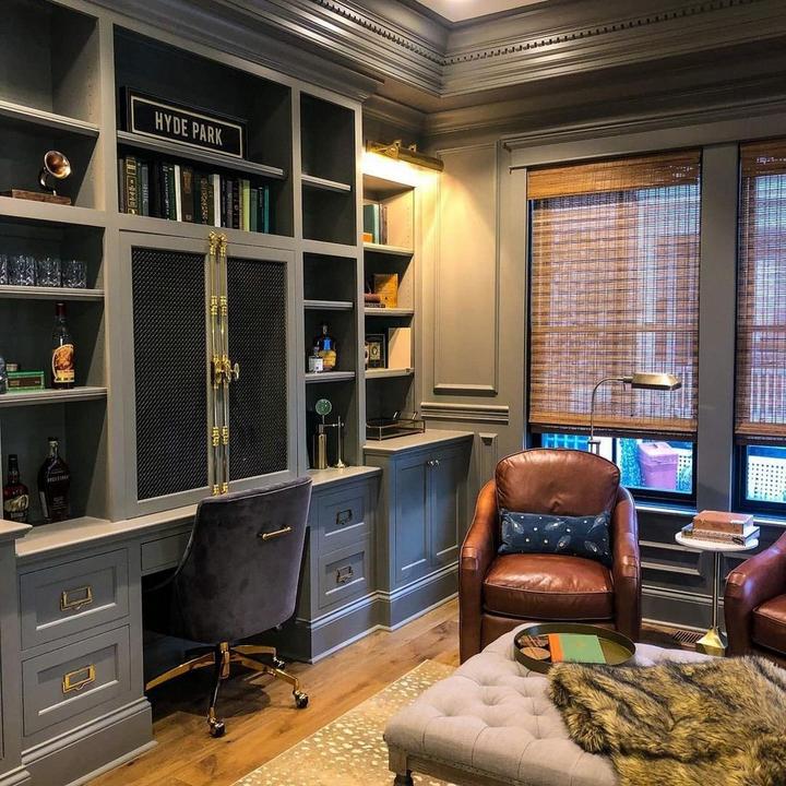home office with study nook and couches