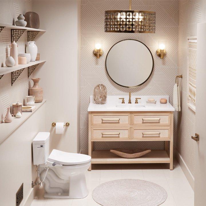 powder room with Robertson Vanity, Greyfield Faucet, Andreo Wall Sconce, and Palora Vanity Mirror
