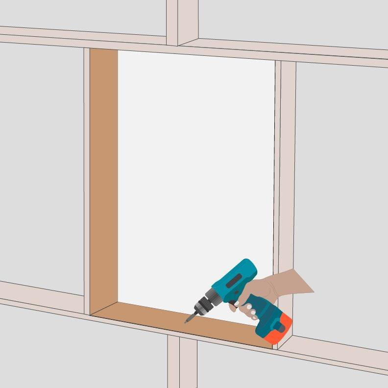 firmly attach horizontal 2 x 4 blocking to the vertical wall studs with wood screws to create the framing for your cabinet