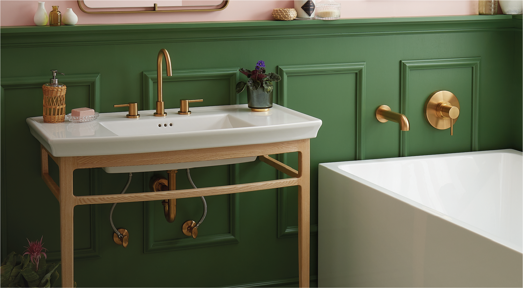 console sink with brass faucet