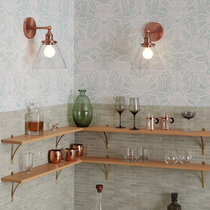 Barwell Vanity Sconce with Clear Shade in Satin Copper, Keeton Solid Brass Shelf Bracket in Satin Brass