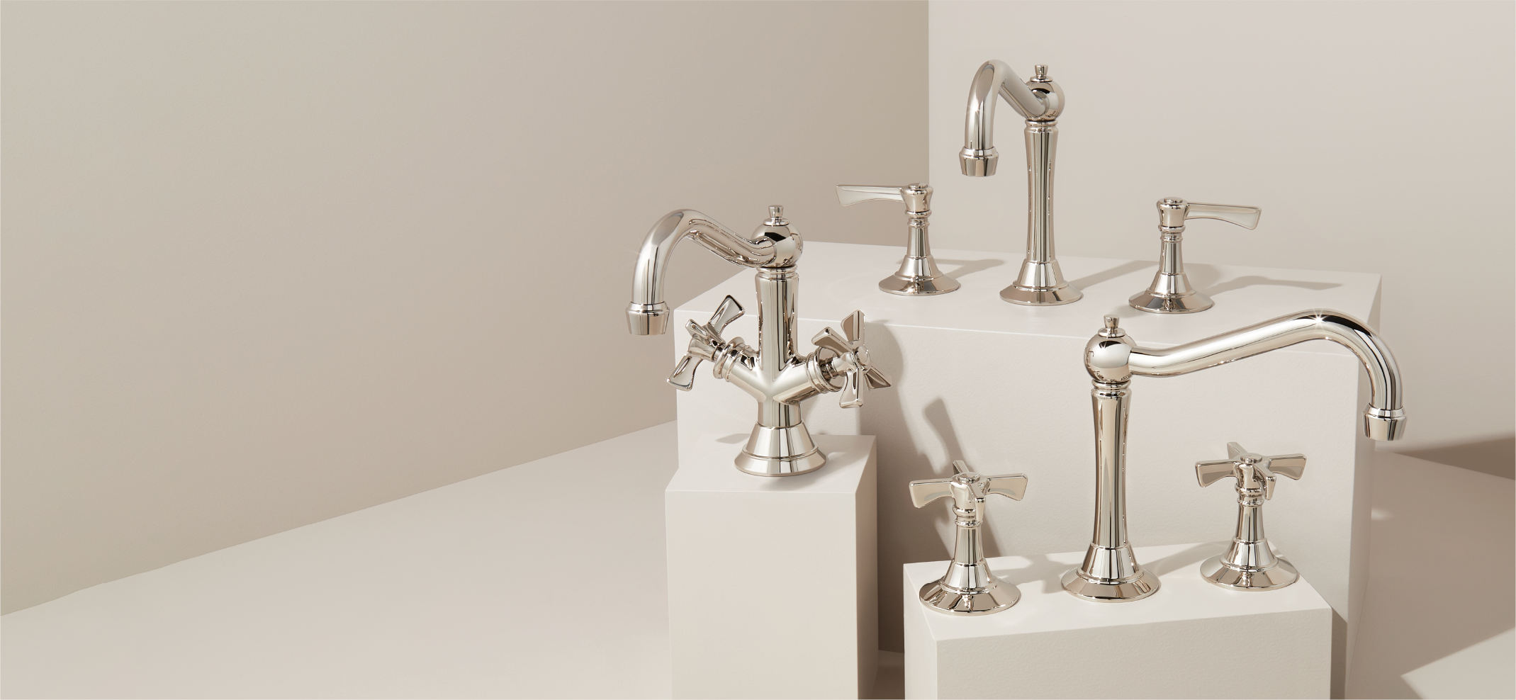 48 inch Rheya Narrow Console Vanity and Sink - Winterland Walnut, Berwyn Widespread Bathroom Faucet and shower system in Brushed Gold