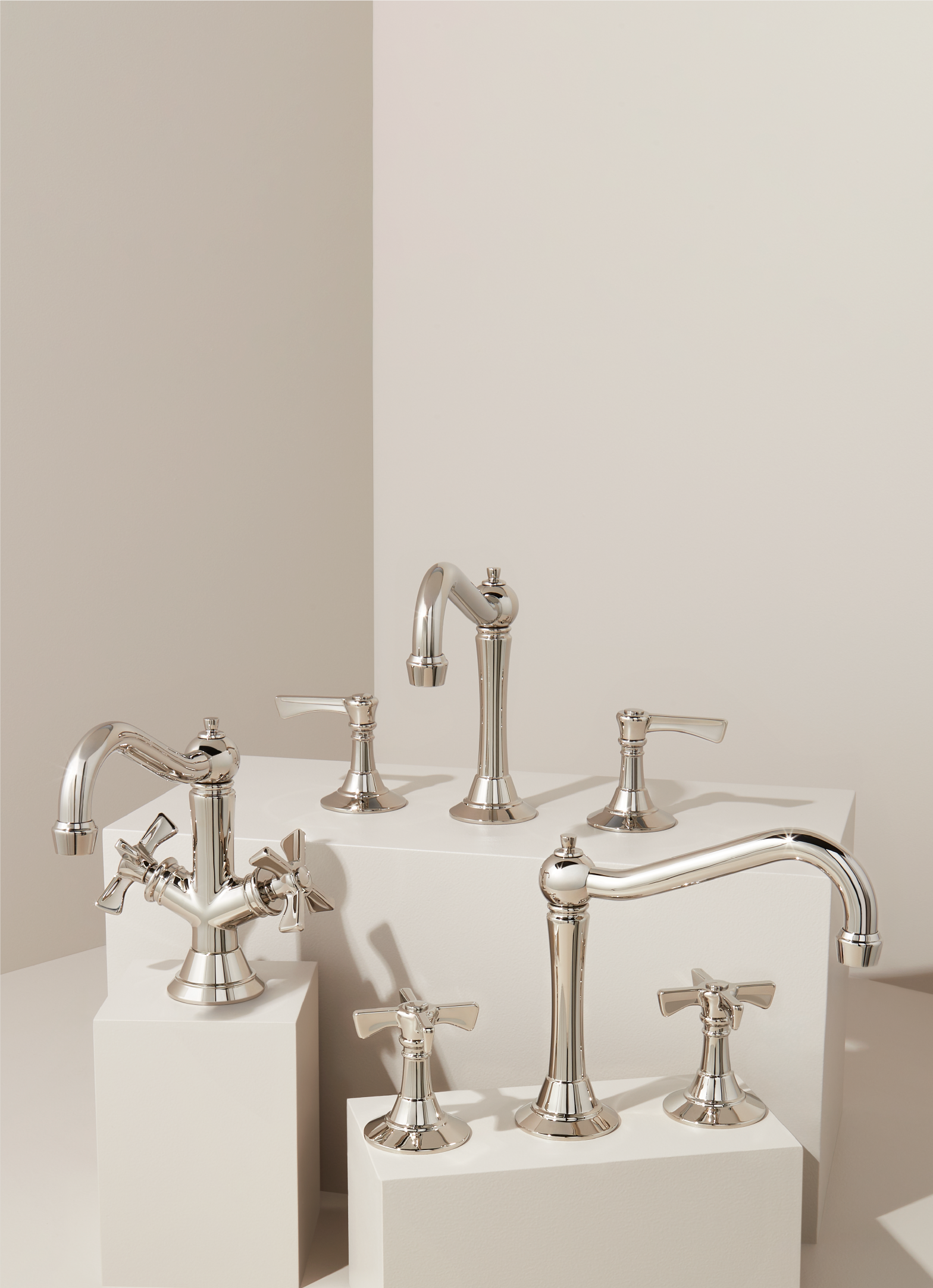 48 inch Rheya Narrow Console Vanity and Sink - Winterland Walnut, Berwyn Widespread Bathroom Faucet and shower system in Brushed Gold