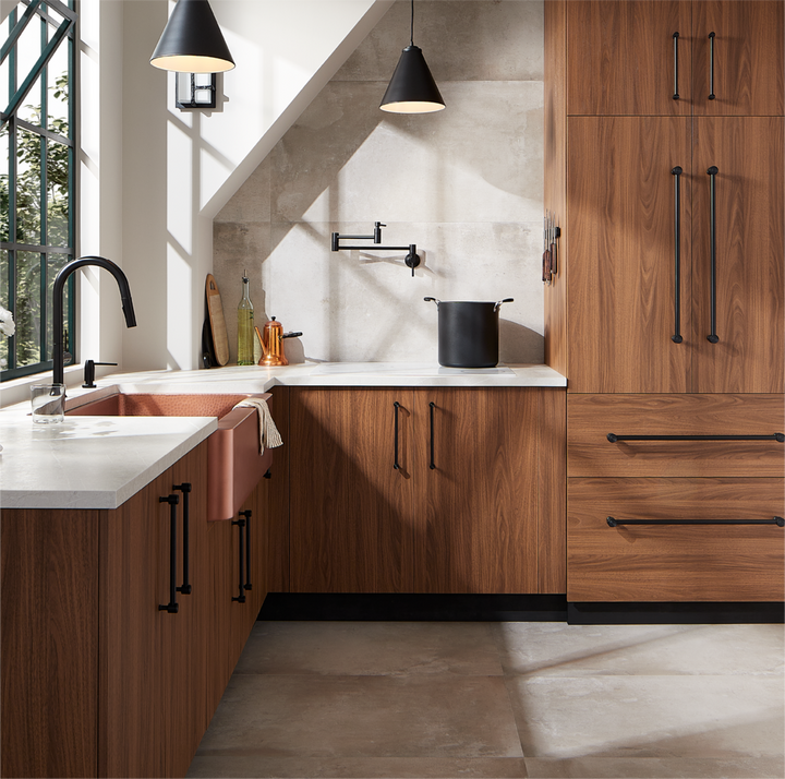 Brutalist Kitchen with Bok Kitchen Faucet in Matte Black, Orwell Cabinet Hardware in Matte Black