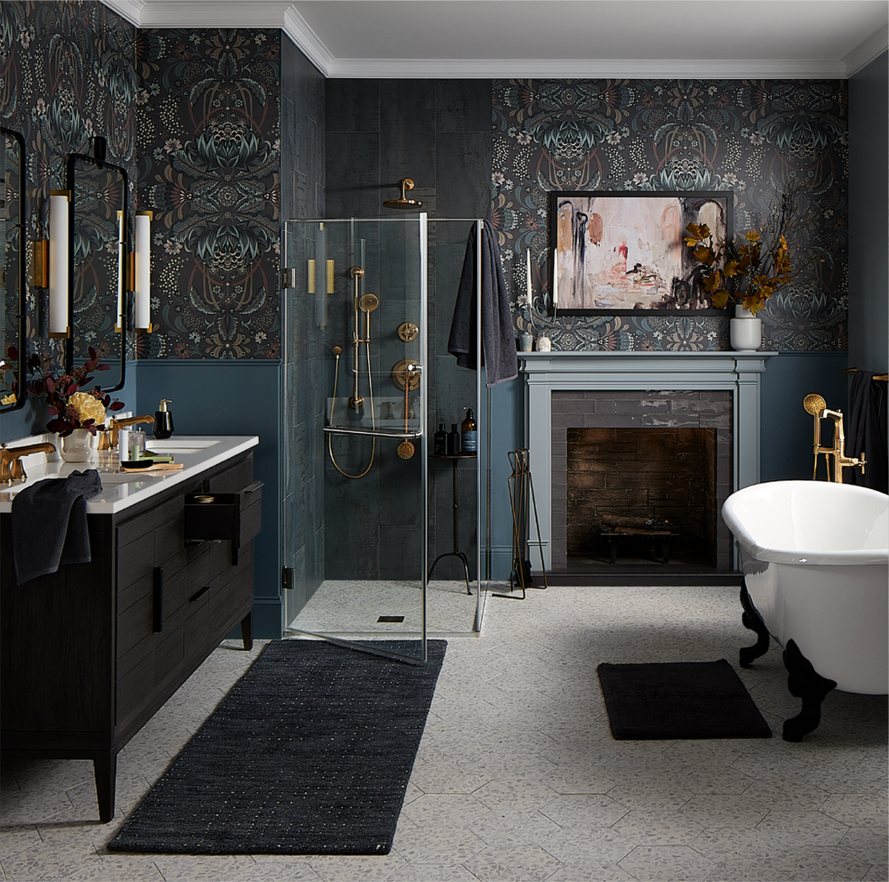 Traditional style bathroom with the 72 inch Lena tub, Aliso Vanity in Charred Timber Black