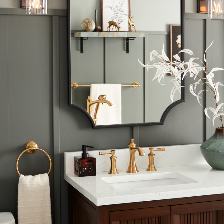 Beasley Towel Ring, Towel Rod, Widespread Bathroom Faucet in Brushed Gold