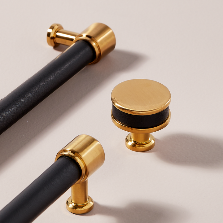 Lazzara Leather Cabinet Pull and Knob - Black Leather, Brushed Gold