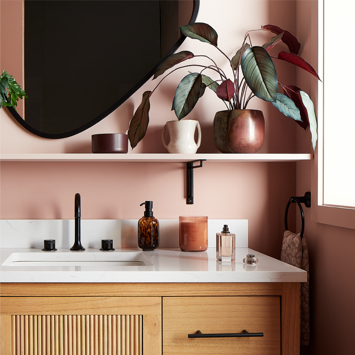 Harridge Cast Iron Shelf Bracket in Black Powder Coat, Lentz Widespread Bathroom Faucet with Knob Handles in Matte Black