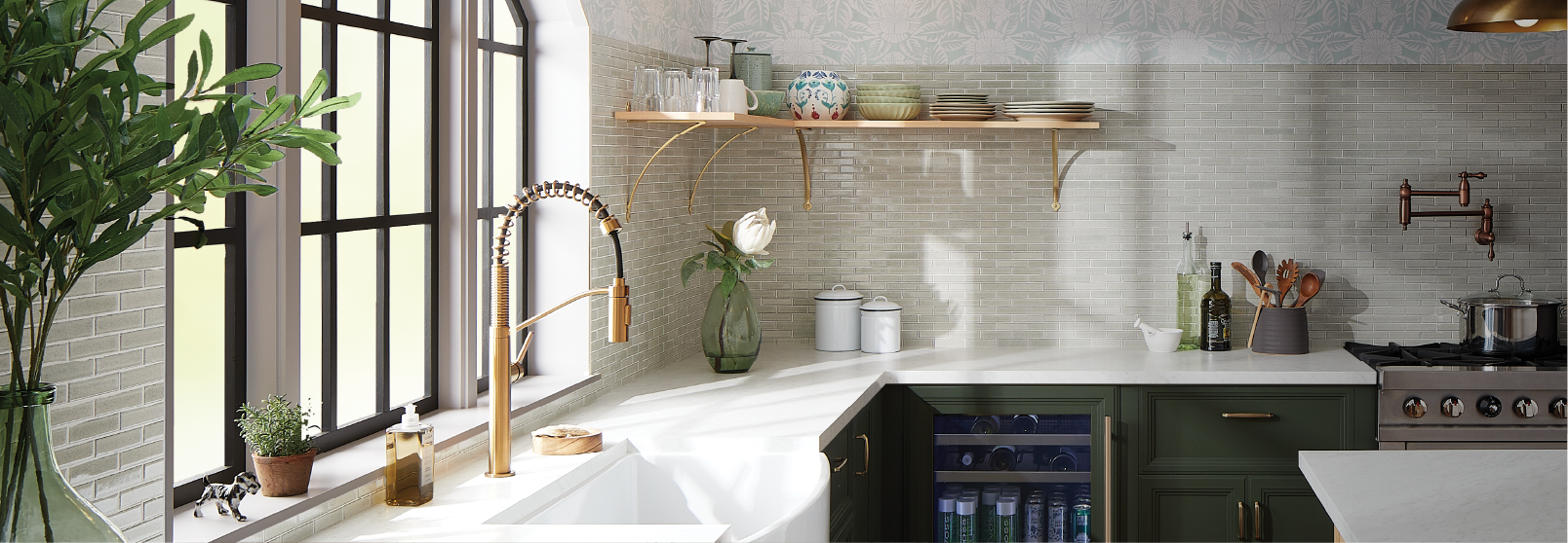 48 inch Rheya Narrow Console Vanity and Sink - Winterland Walnut, Berwyn Widespread Bathroom Faucet and shower system in Brushed Gold