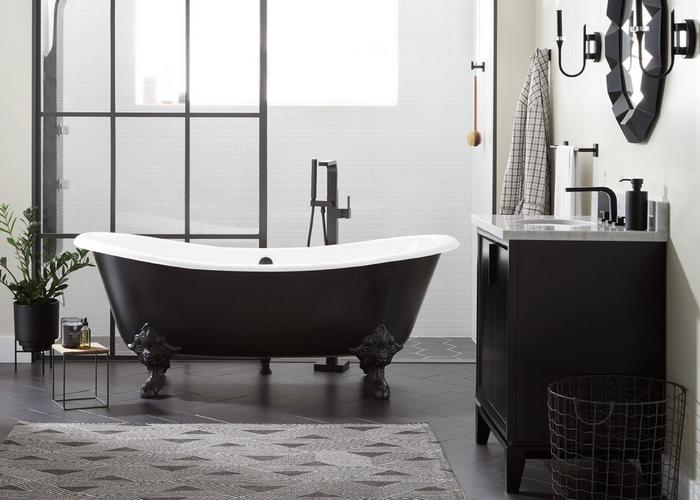 matte black bathroom with the 72" Lena Cast Iron Clawfoot Tub in Black, Hibiscus Widespread Bathroom Faucet in Matte Black