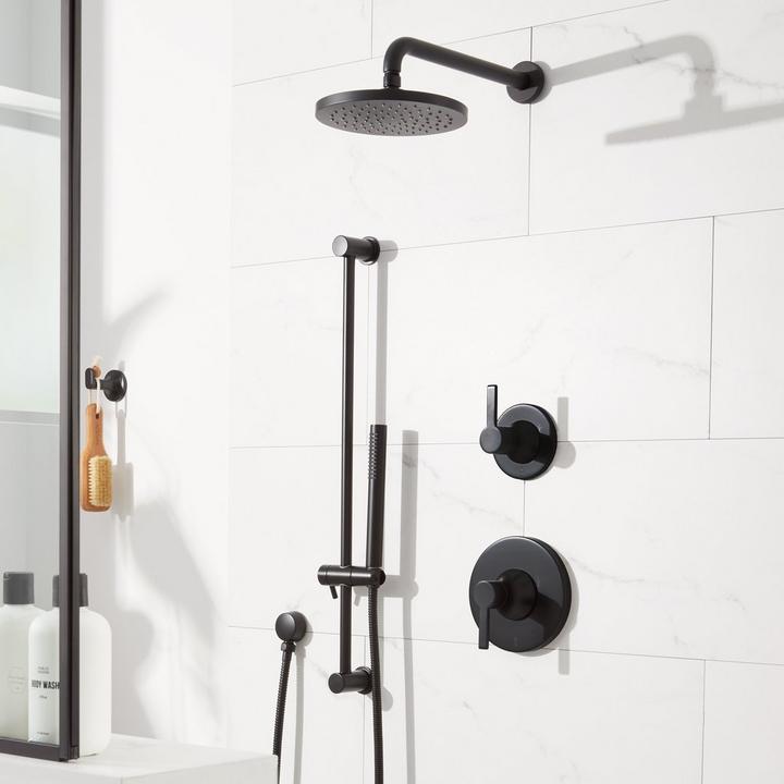 Lentz Pressure Balance Shower System With Hand Shower in Matte Black for matte black bathroom