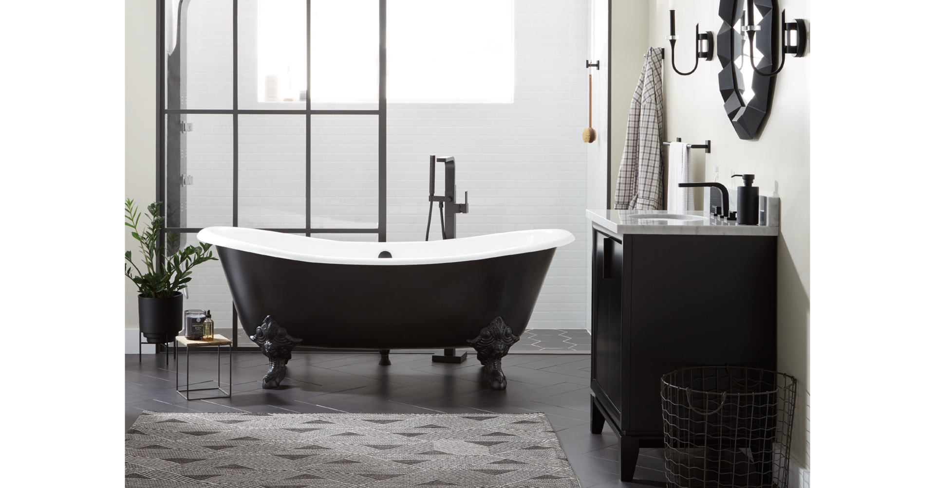 matte black bathroom with the 72" Lena Cast Iron Clawfoot Tub in Black, Hibiscus Widespread Bathroom Faucet in Matte Black