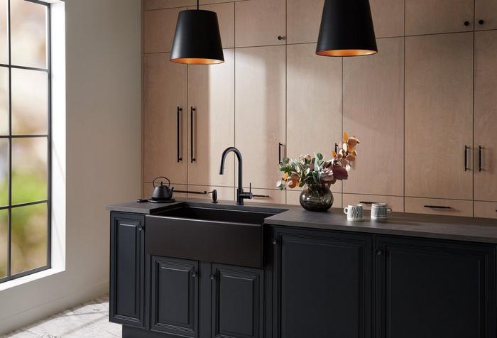 Matte black kitchen with the Ravenel Pull-Down Kitchen Faucet, 33" Torun Fireclay Farmhouse Sink in Matte black