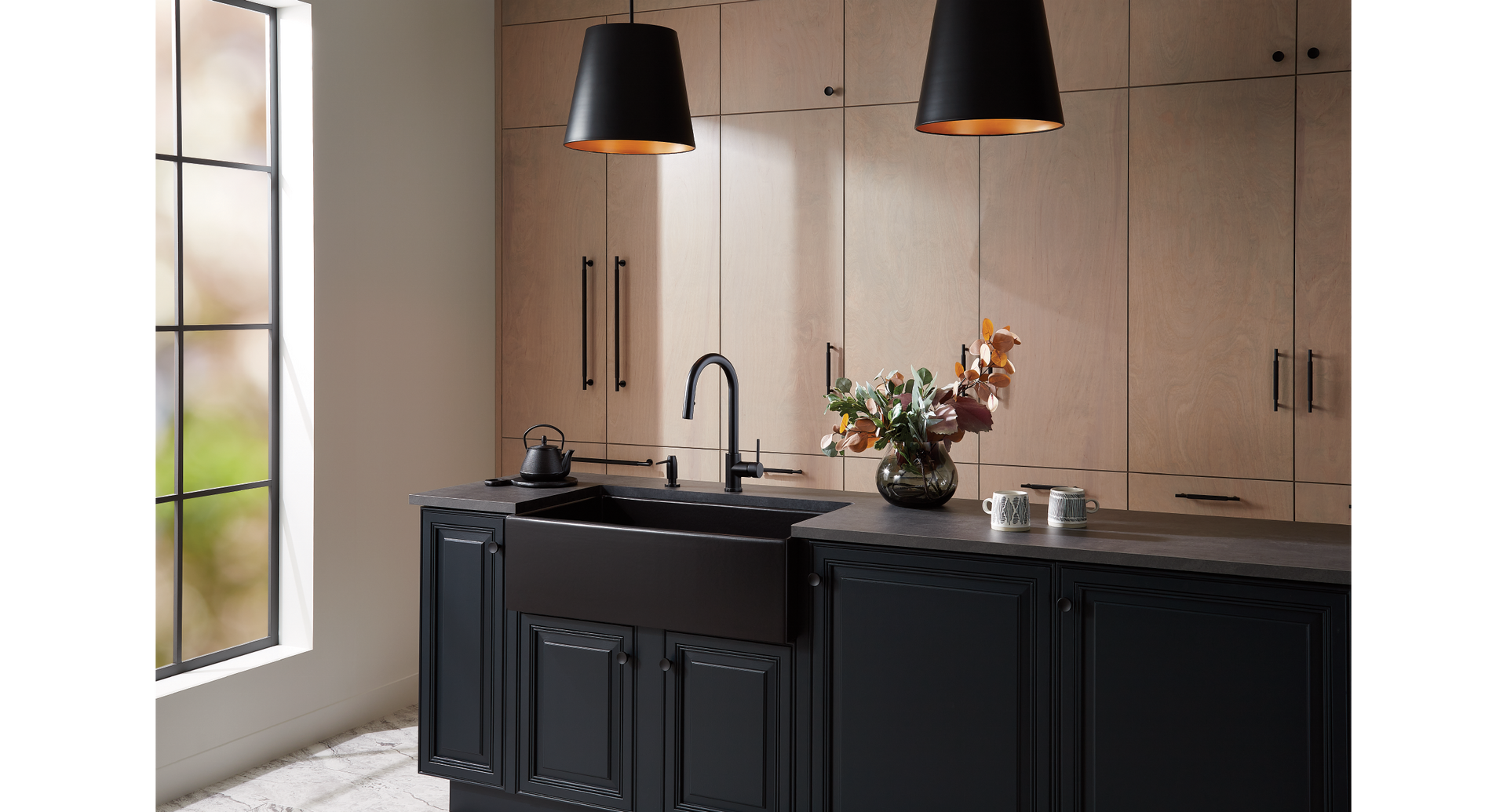 Matte black kitchen with the Ravenel Pull-Down Kitchen Faucet, 33" Torun Fireclay Farmhouse Sink in Matte black