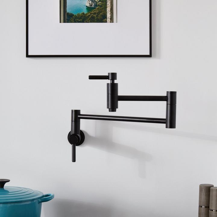 Contemporary Retractable Wall-Mount Pot Filler Faucet in Matte Black for black kitchen hardware