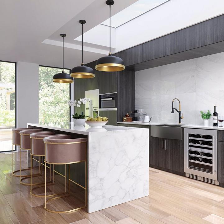 Matte black kitchen with the Caribana Single Handle Two Tone Black and Gold Kitchen Faucet, Korbel 3-Light Pendant Light