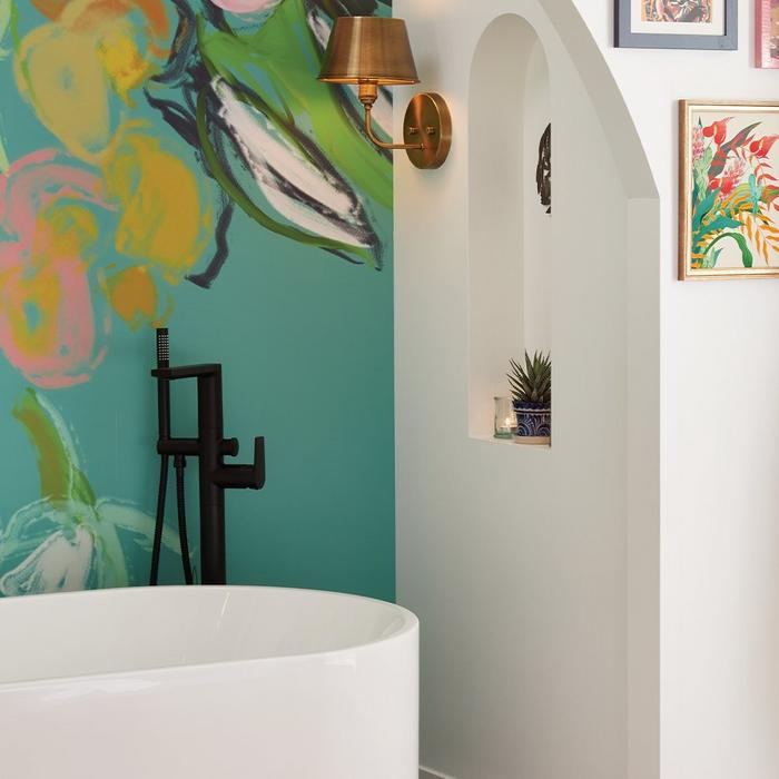 67" Conroy Acrylic Freestanding Tub, 72" Dita Wall-Mount Vanity in Honey Oak, Berwyn Faucet and Tub Faucet in Matte Black