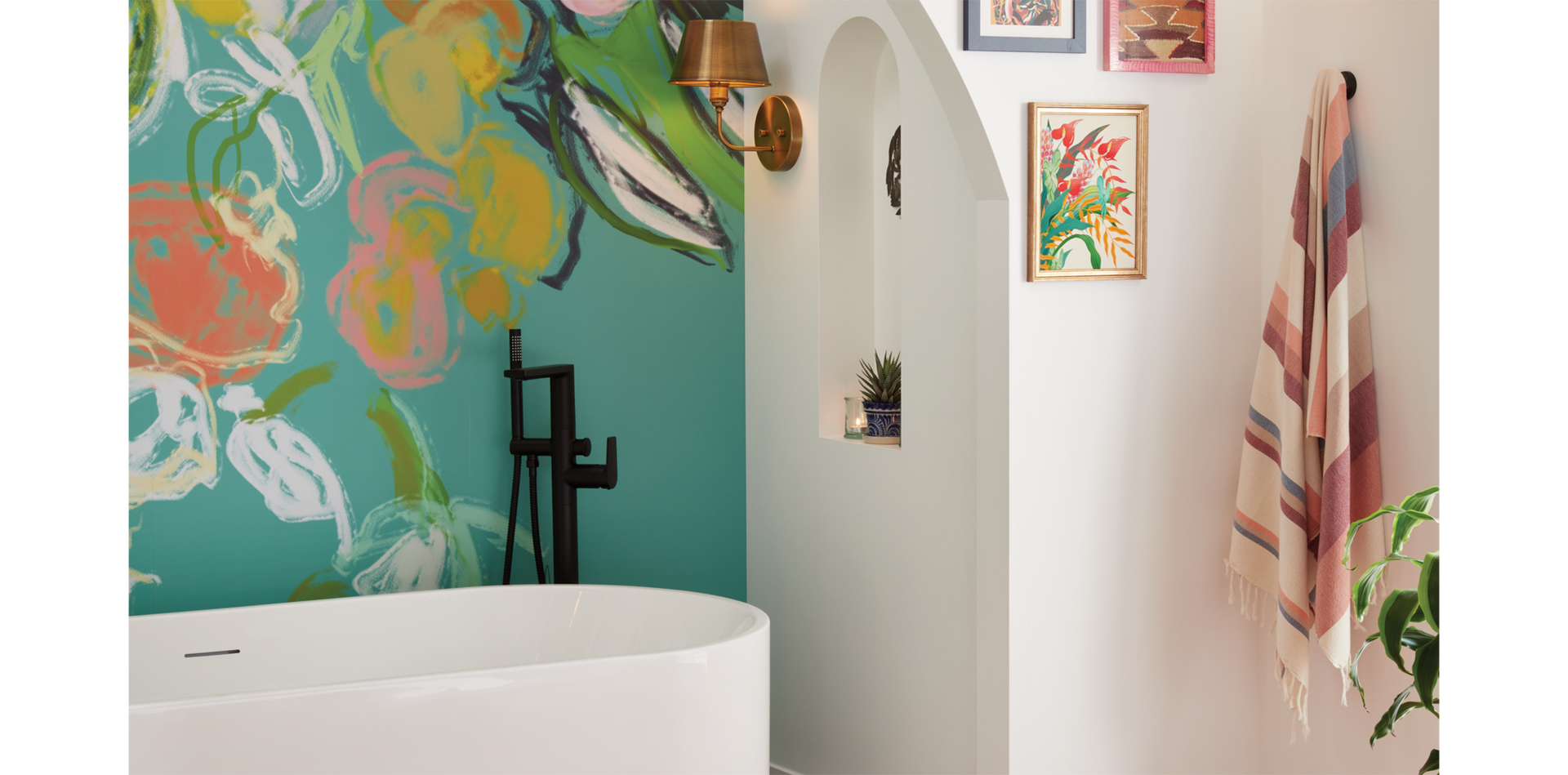 67" Conroy Acrylic Freestanding Tub, 72" Dita Wall-Mount Vanity in Honey Oak, Berwyn Faucet and Tub Faucet in Matte Black