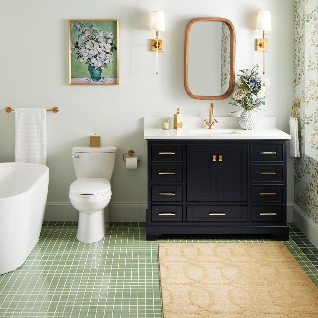 Quen Vanity in Midnight Navy, Vassor Single-Hole Faucet & Freestanding Tub Faucet in Brushed Gold, Boyce Acrylic Tub