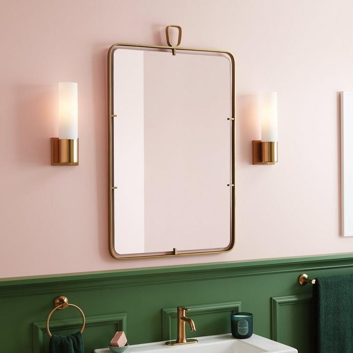 Martinelli Decorative Vanity Mirror in Satin Brass, Leaman Vanity Sconce, Lentz Faucet, Towel Holder and Rod in Brushed Gold
