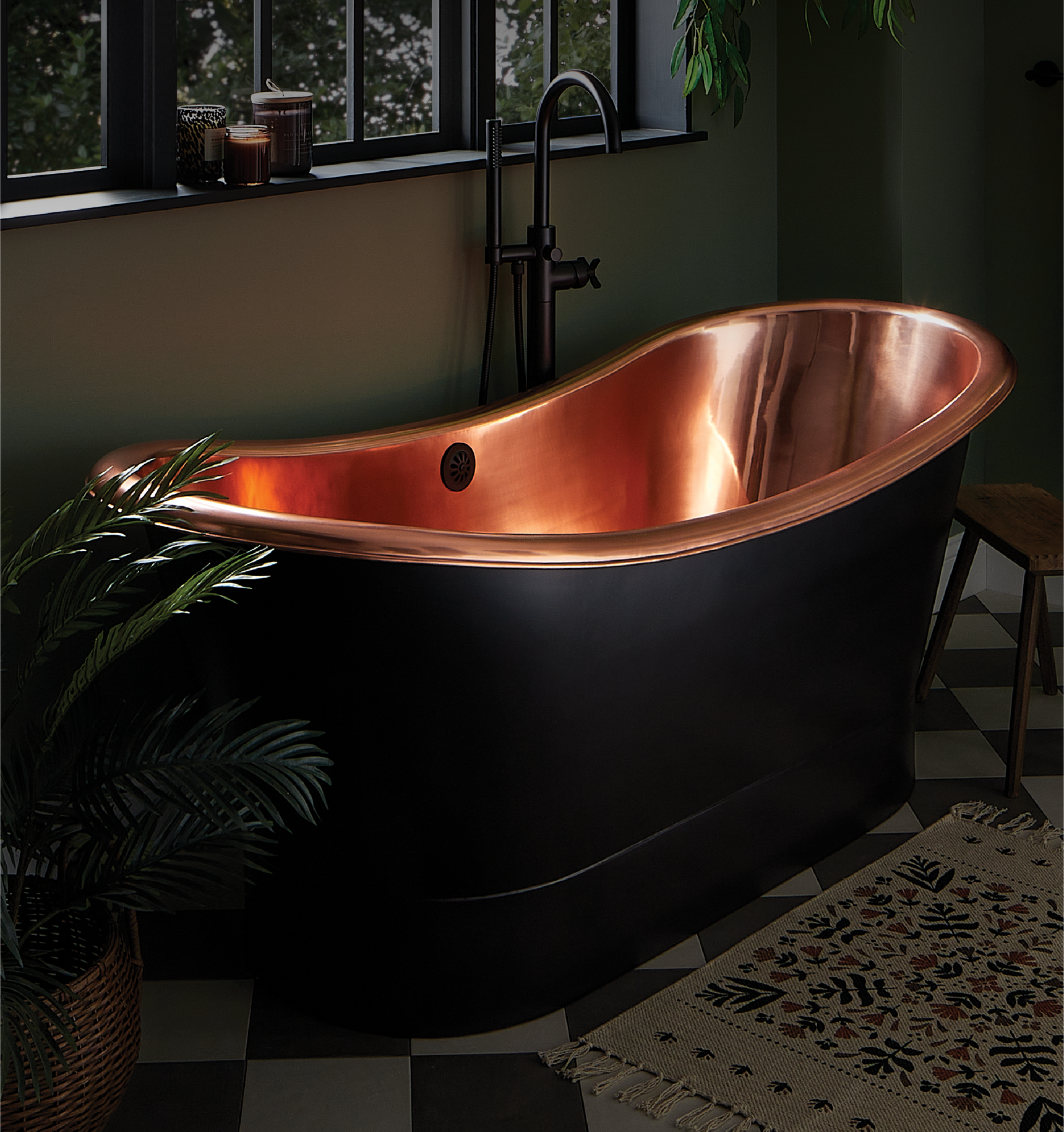 Thaine Copper Double-Slipper Pedestal Soaking Tub - Antique Black