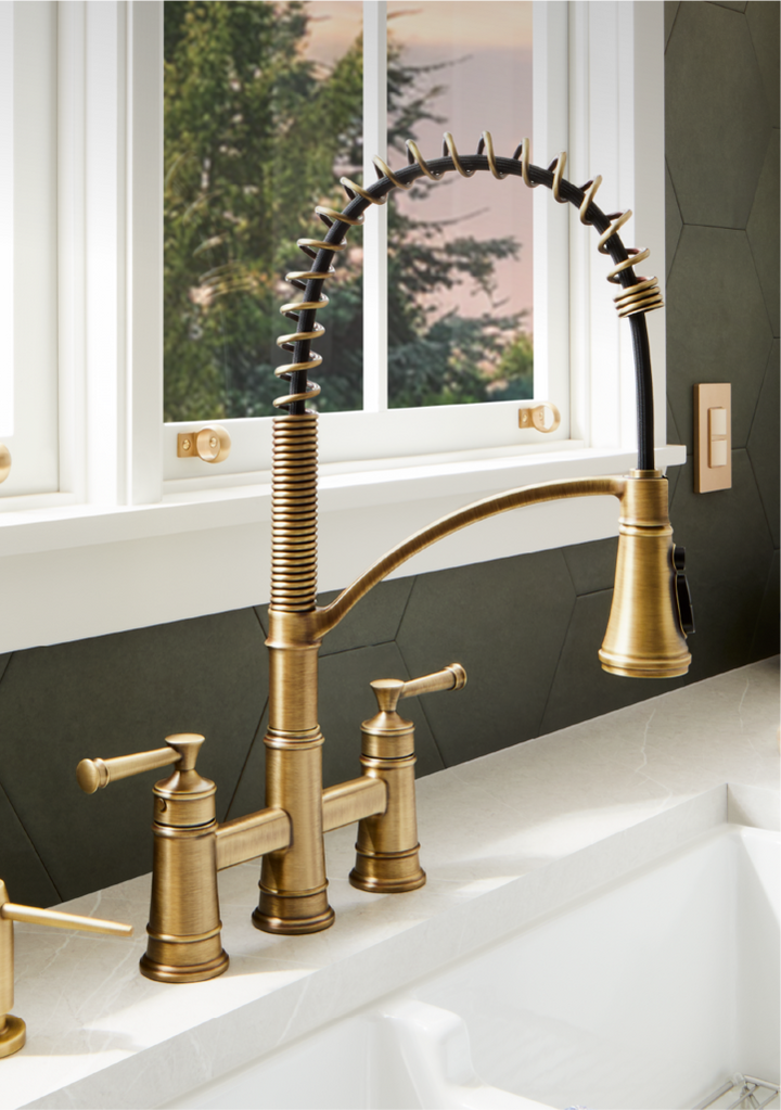 Beasley Bridge Kitchen Faucet in Aged Brass