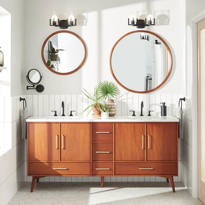 72" Novak Double Teak Vanity in Teak, Novak Round Teak Vanity Mirror for mid-century interior design style