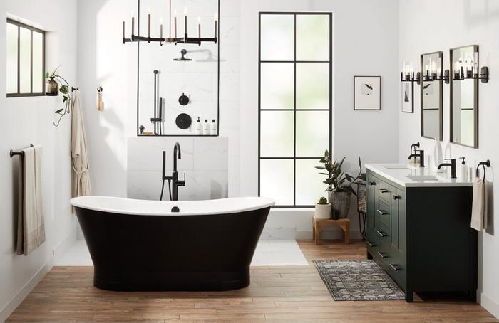 Mid century bathroom design with 67" Kateryn Cast Iron Tub in Black, Lentz Freestanding Tub & Bathroom Faucet in Matte Black