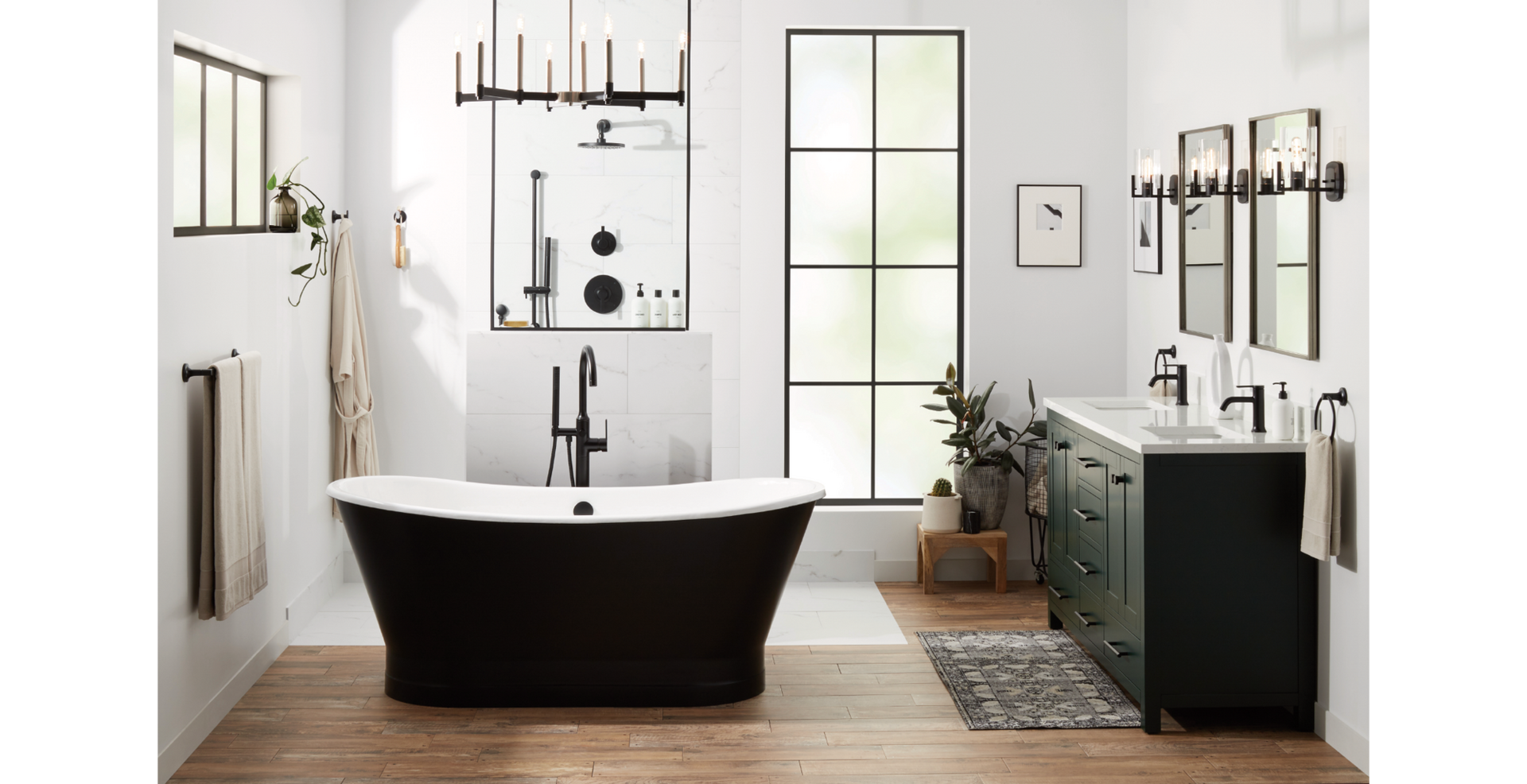 Mid century bathroom design with 67" Kateryn Cast Iron Tub in Black, Lentz Freestanding Tub & Bathroom Faucet in Matte Black