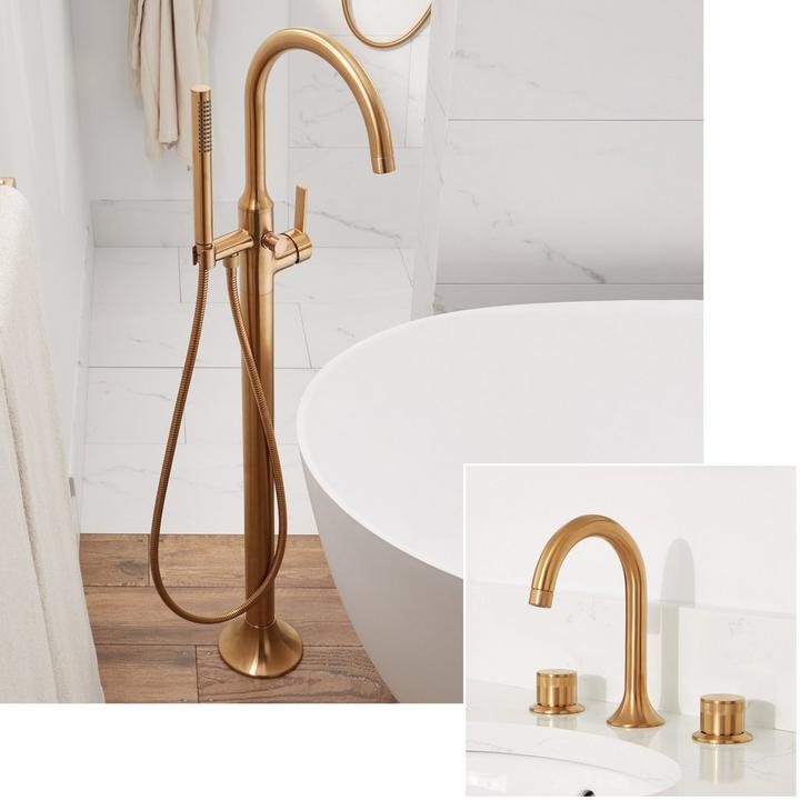 Lentz Widespread Bathroom Faucet with Knob Handles, Freestanding Tub Faucet in Brushed Gold for mid-century interior design