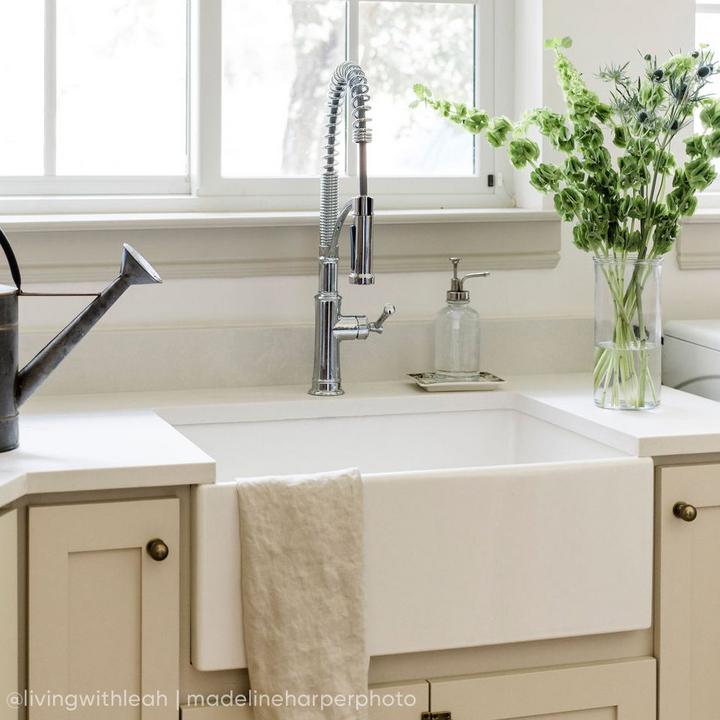 27" Torun Fireclay Farmhouse Sink, Beasley Kitchen Faucet with Pull-Down Spring Spout in Chrome for mid-century design