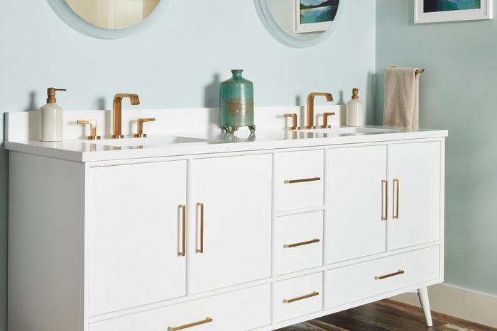 Mid century bathroom design with 72" Novak Vanity in White, Drea Widespread Bathroom Faucet in Brushed Gold