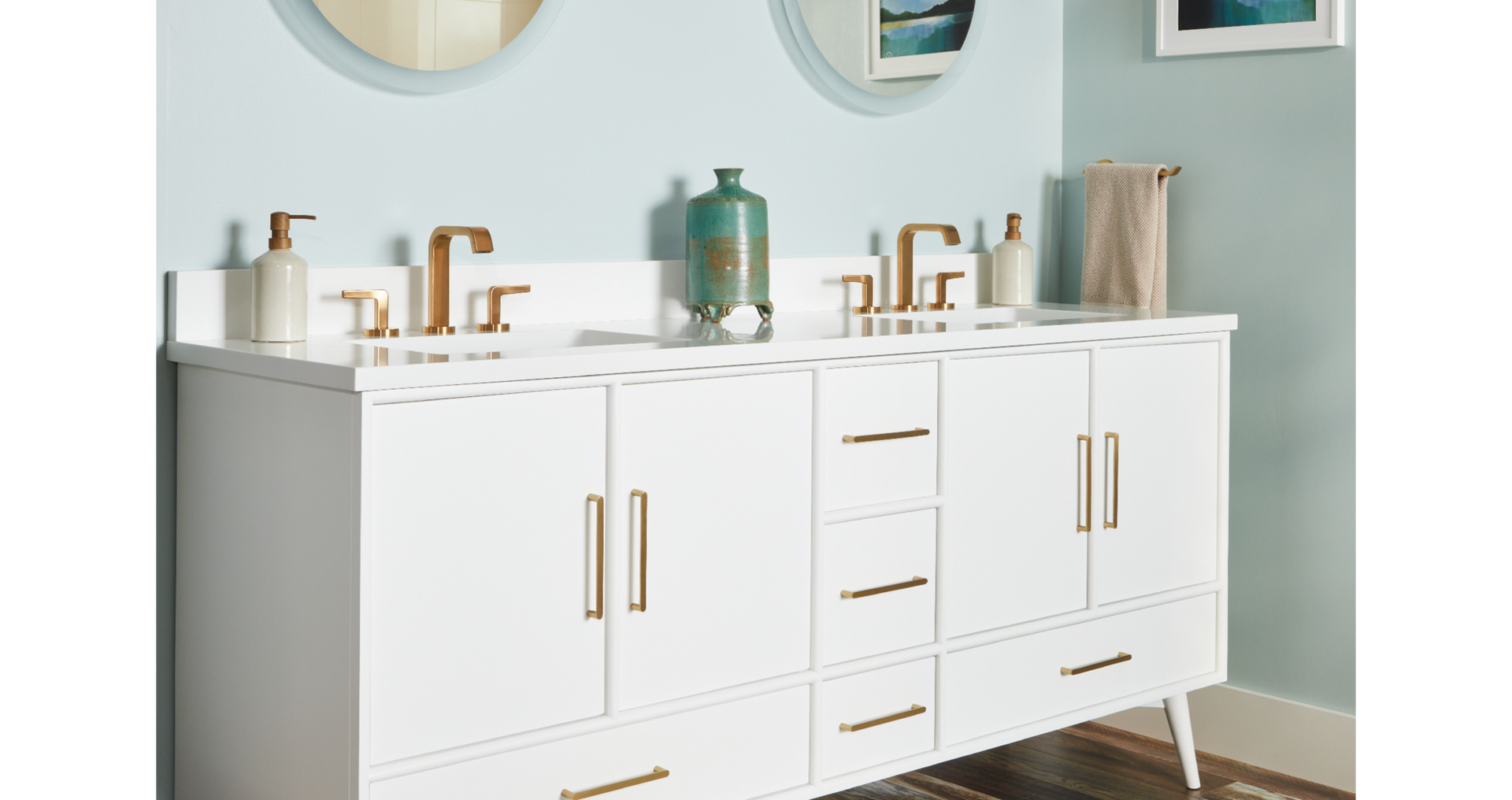 Mid century bathroom design with 72" Novak Vanity in White, Drea Widespread Bathroom Faucet in Brushed Gold