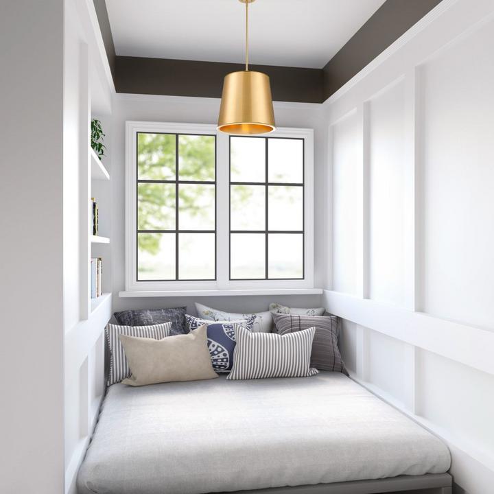 Minimalist bedroom with the Risom 3-Light Pendant Light in Brushed Gold