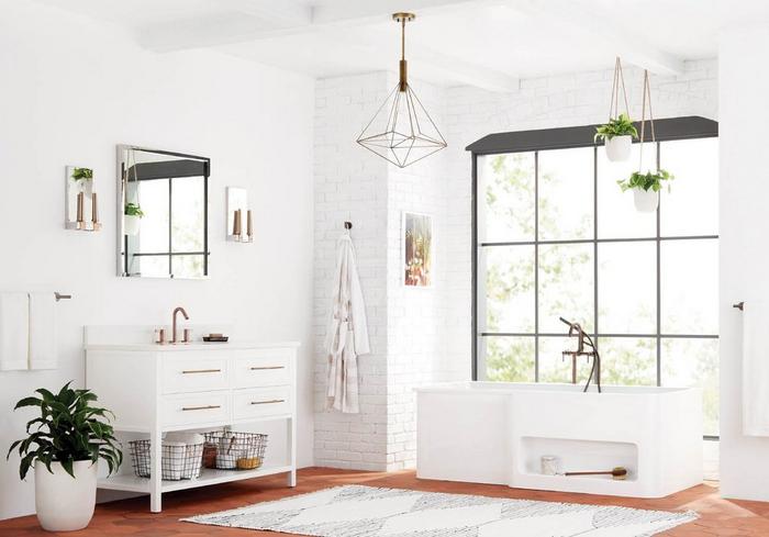 Minimalist bathroom with 48" Robertson Console Vanity in Bright White, Sebastian Freestanding Tub Faucet in Oil Rubbed Bronze