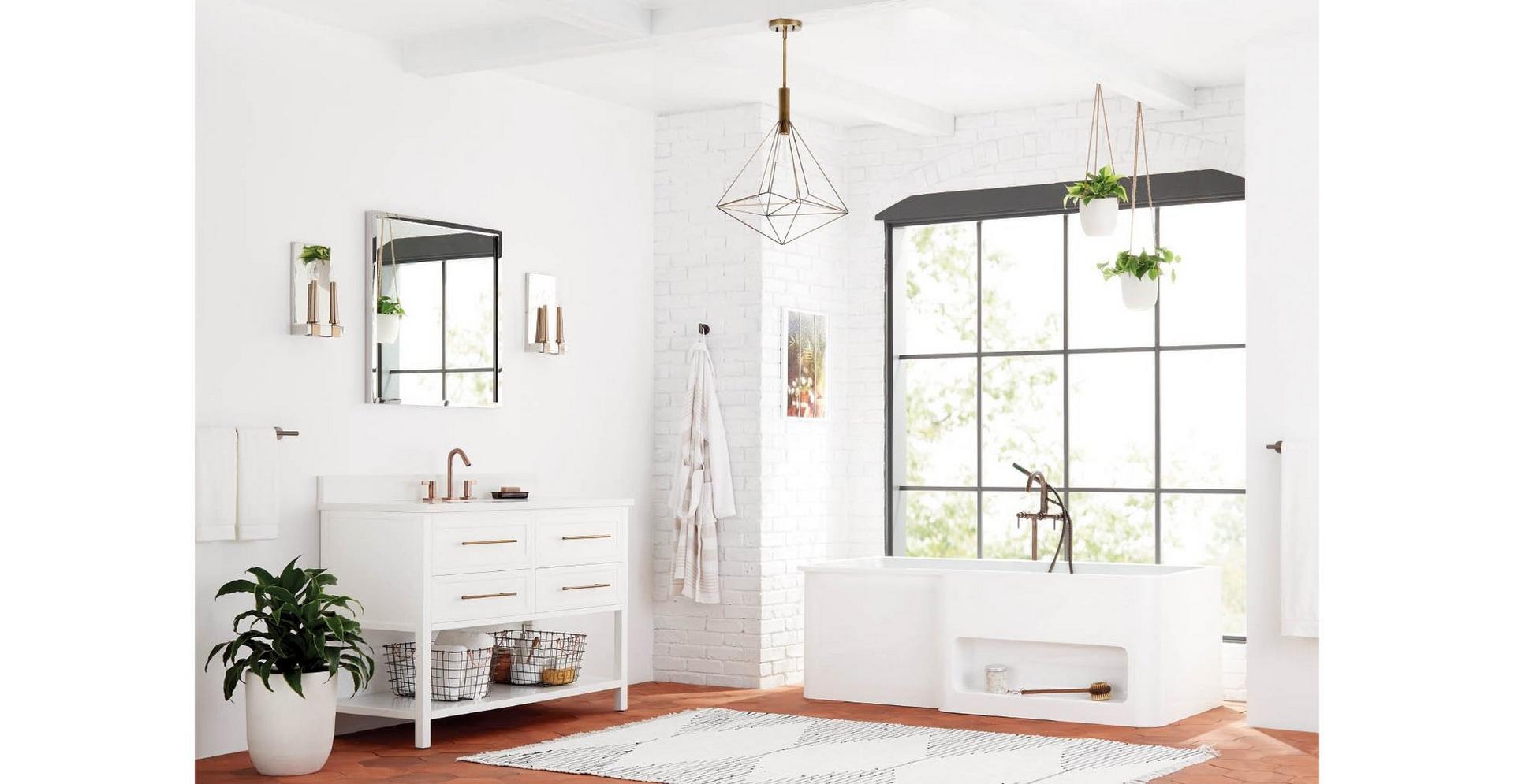 Minimalist bathroom with 48" Robertson Console Vanity in Bright White, Sebastian Freestanding Tub Faucet in Oil Rubbed Bronze