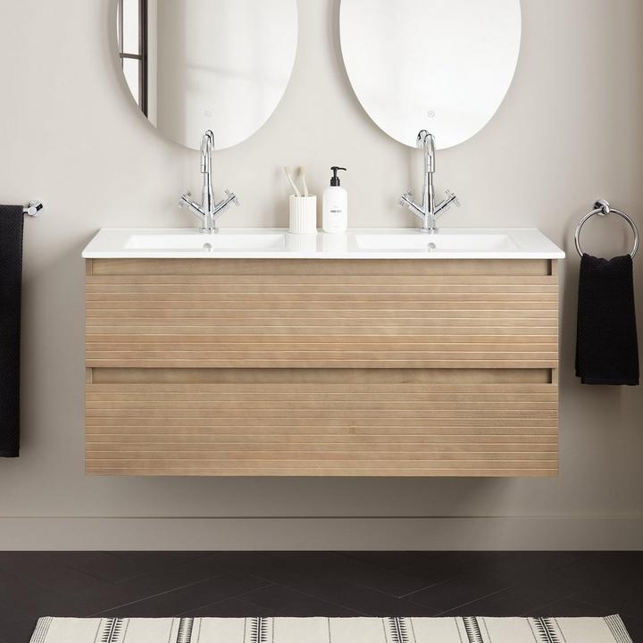48" Kiah Wall-Mount Double Vanity in Desert Oak Wood for minimalist design