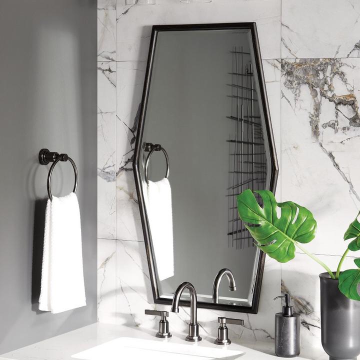 Tenaya Hexagonal Decorative Vanity Mirror in Black Powder Coat with Gold Gilding for bathroom accessibility