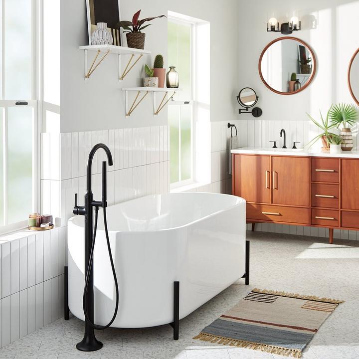 67" Conroy Acrylic Tub, Lentz Tub Faucet & Bathroom Faucet in Matte Black, 72" Novak Teak Vanity for mixed metals in bathroom